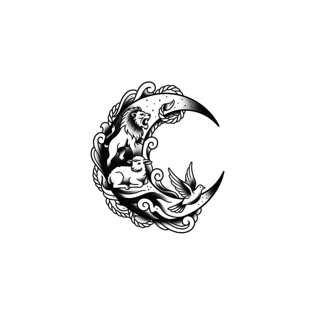 Тату эскиз: moon with subple 
pawprints of lion, lamb and dove as the shadows

