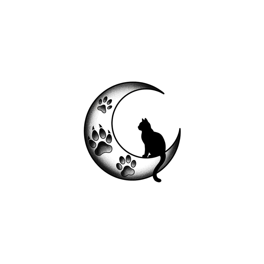 Тату эскиз: moon with subple 
pawprints of lion, lamb and dove pawprints as the shadows and a silhouette of a cat sitting on it

