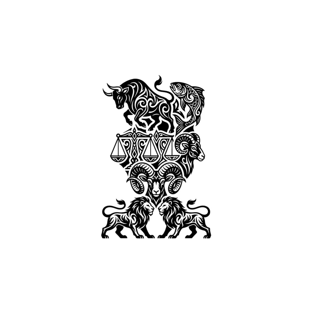 Тату эскиз: Above is a bull, next to it is a fish, below them is a scale and a ram, below again a ram and then two lions below it