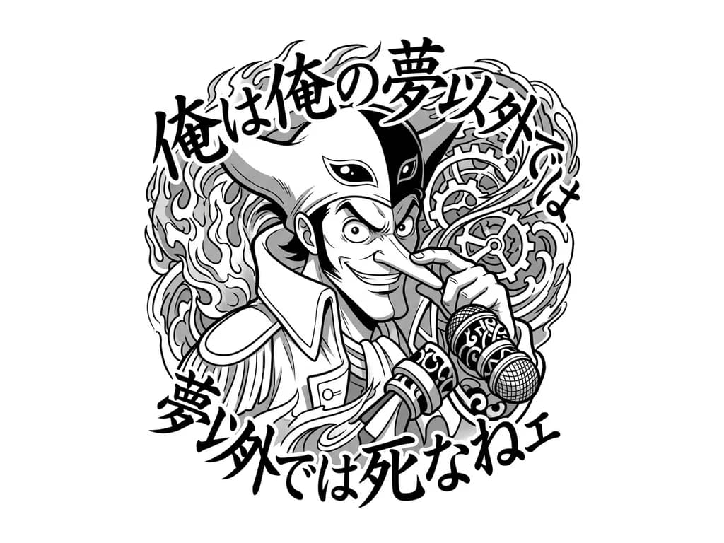 Тату эскиз: quiero que me pongas esta frase en japonés y que lo hagas así con un estilo japonés las letras bonito uno que veas conveniente y quiero que le añadas algún accesorio característico del personaste zorro de one piece porque la frase es suya y querer que contenga alogcsombleco de zona la frases 