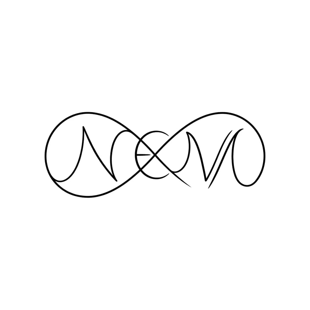 Тату эскиз: “A minimalistic fine-line infinity tattoo with the word ‘NEM’ subtly hidden within the curves of the infinity symbol. Elegant, small-sized design, delicate line work, clean and modern style, suitable for wrist or finger placement. The letters N, E, and M should blend naturally into the infinity shape, making the name discreet and artistic.” ✨