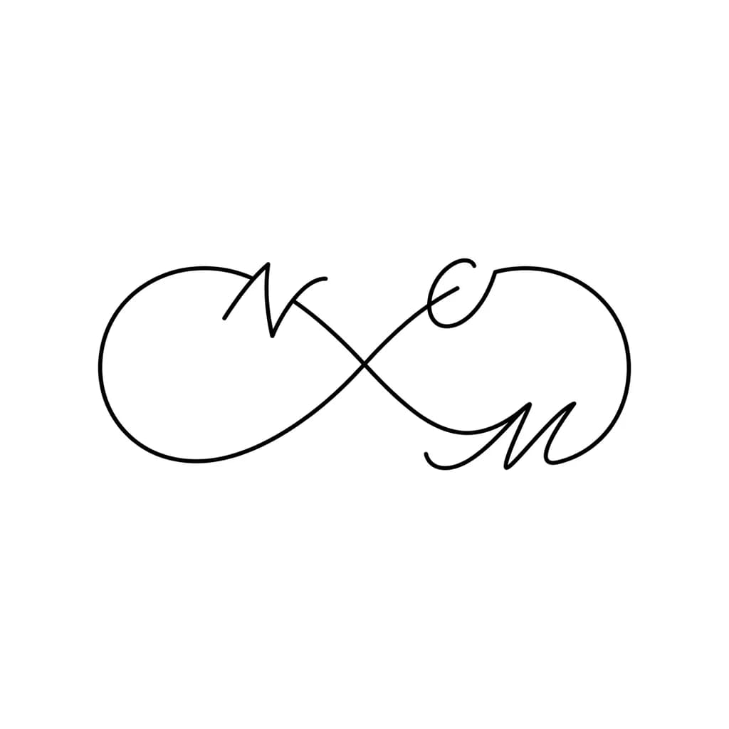 Тату эскиз: “A minimalistic fine-line infinity tattoo with the word ‘NEM’ subtly hidden within the curves of the infinity symbol. Elegant, small-sized design, delicate line work, clean and modern style, suitable for wrist or finger placement. The letters N, E, and M should blend naturally into the infinity shape, making the name discreet and artistic.” ✨