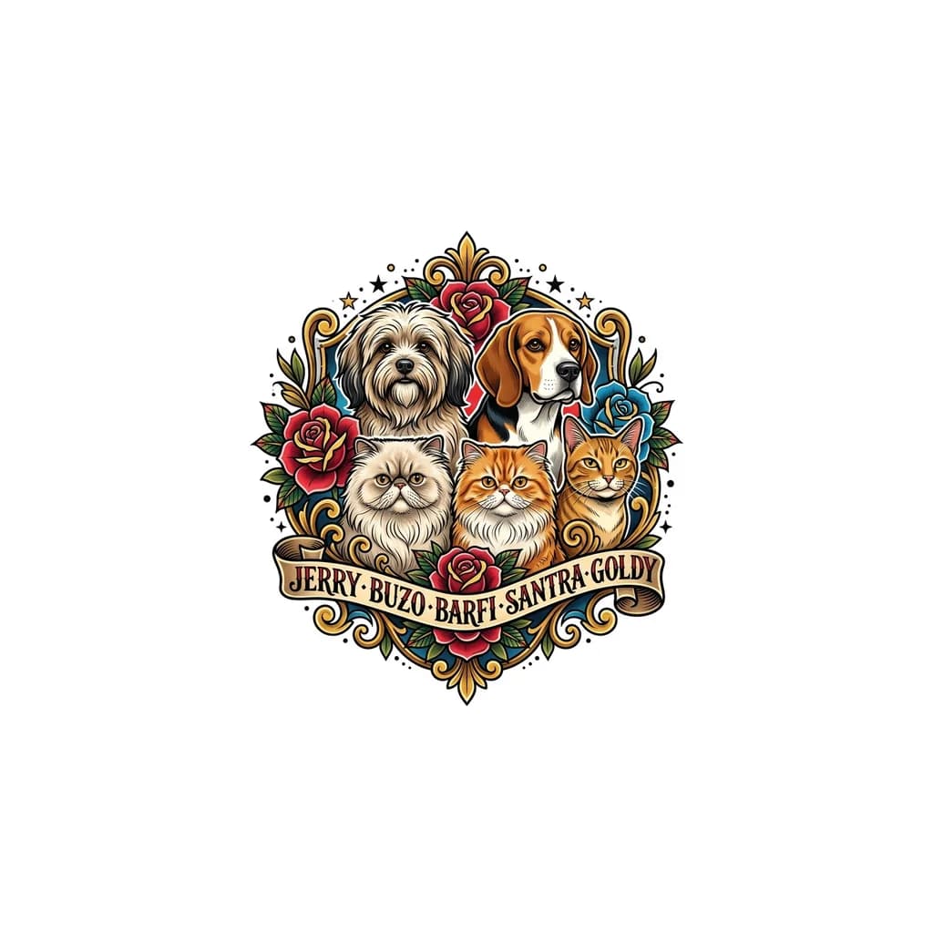 Тату эскиз: I have 5 pets Dog - Jerry & Buzo Cat - Barfi Santra Goldy give some tatto Ideas jerry is long hair dog buzo is beagle and barfi and santra are persian cats and Goldy is indie cat