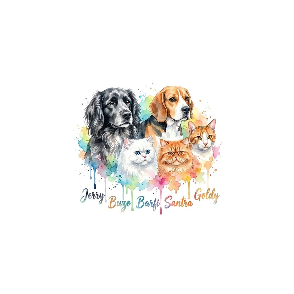Тату эскиз: I have 5 pets Dog - Jerry & Buzo Cat - Barfi Santra Goldy give some tatto Ideas jerry is long hair dog buzo is beagle and barfi and santra are persian cats and Goldy is indie cat make jerry black with few white furs  and make barfi completely white and santra only orange and goldy also orange with foew white