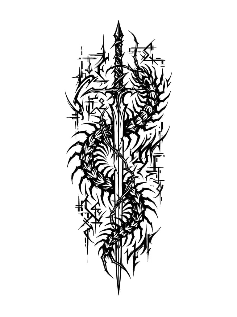 Тату эскиз: Quiero un diseño de blackwork con tribales cibersigilism. La idea es una espada finita, con un cienpiés rodeándola haciendo una espiral de arriba abajo y un tribal cibersigilism de fondo muy finito. Busco un diseño que dé bastante mal rollo pero a la vez sea chulo de ver. Que no sea muy geométrico, que sea lo más sucio posible