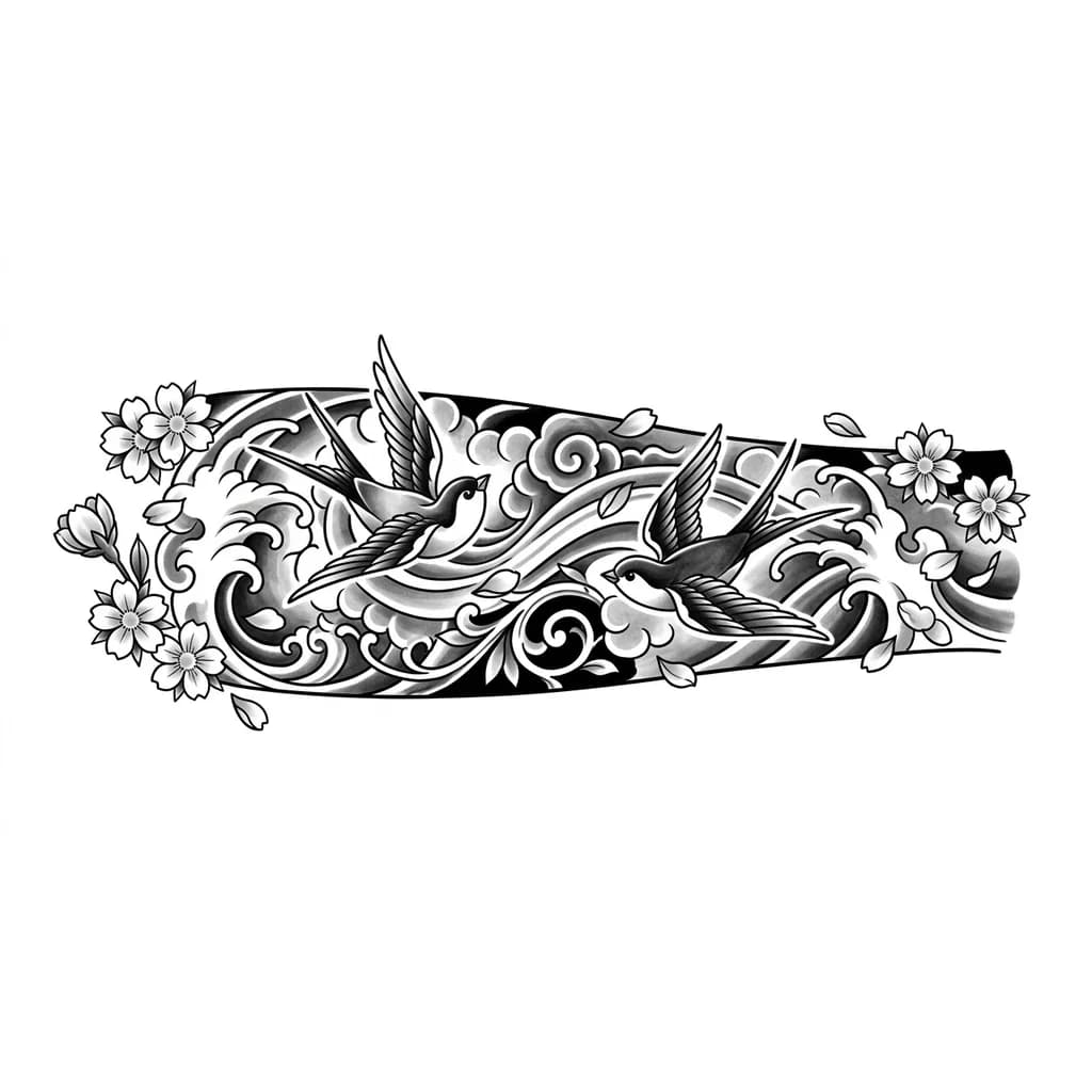 Тату эскиз: Meaningful Japanese tattoo for inner forearm, two swallows connected by the wind of destiny, one swallow ascending toward the heavens representing a loved one remembered forever, one swallow flying toward the future representing a new soul entering life.

Surrounded by delicate sakura blossoms, falling petals, one flower bud and several fully opened flowers symbolizing the cycle of life, death and rebirth.
