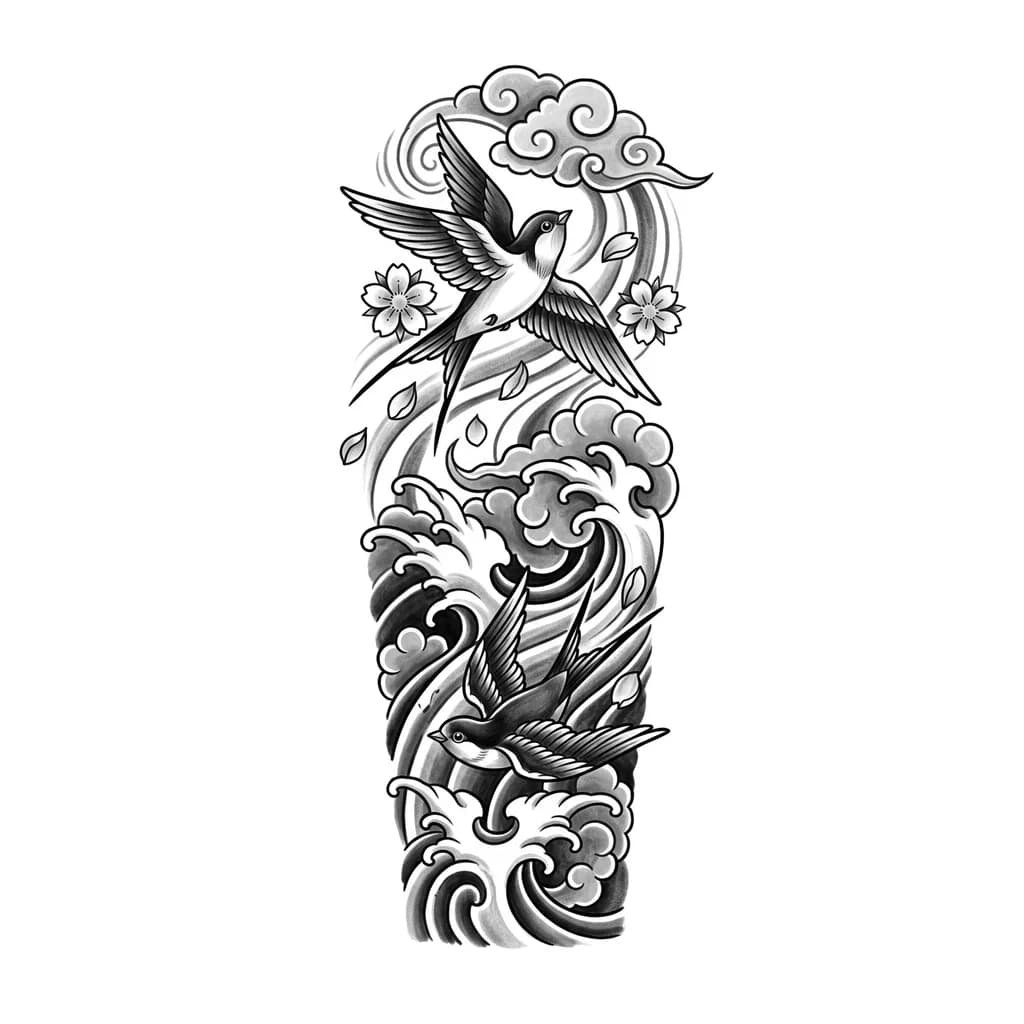 Тату эскиз: Japanese inspired forearm tattoo design, vertical composition for inner forearm, 18 cm tall, black and grey tattoo, two swallows with deep emotional symbolism.

The upper swallow represents a beloved person who has passed away, flying gracefully upward toward the sky, surrounded by drifting sakura petals carried by the wind, expressing remembrance, peace and eternal connection.

