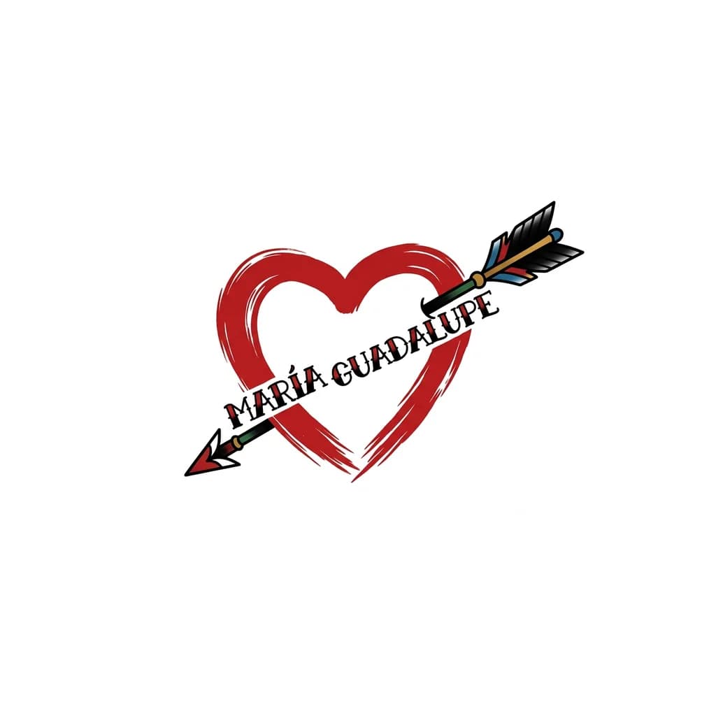 Тату эскиз: Quiero que me hagas un estencil de tatuaje donde sea un corazón que el contorno sea como una pincelada color rojo, con una flecha atravesada y  parte de la flecha es el nombre de María Guadalupe dejándole ala flecha la punta y lo de atras