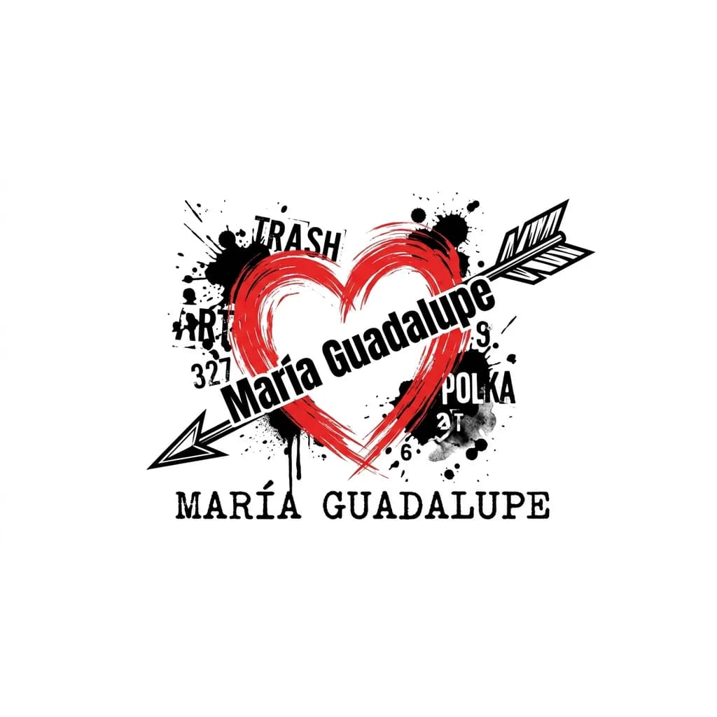 Тату эскиз: Quiero que me hagas un estencil de tatuaje donde sea un corazón que el contorno sea como una pincelada color rojo, con una flecha atravesada y  parte de la flecha es el nombre de María Guadalupe dejándole ala flecha la punta y lo de atras