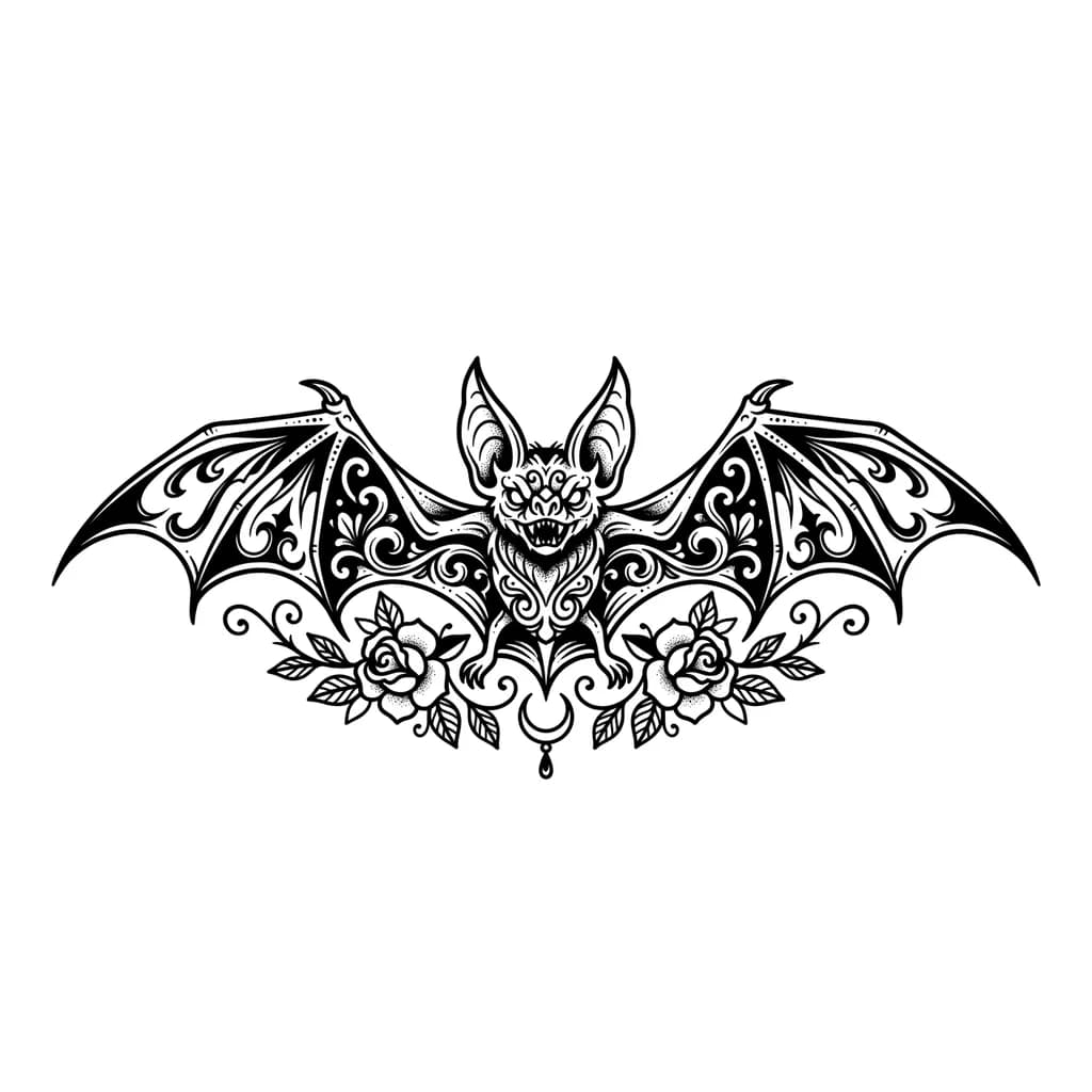 Тату эскиз: blackwork bat tattoo, wings spread, elegant gothic style, clean linework, minimal shading, vintage tattoo flash, monochrome, shoulder tattoo design, high contrast, tattoo stencil, dark but sophisticated
