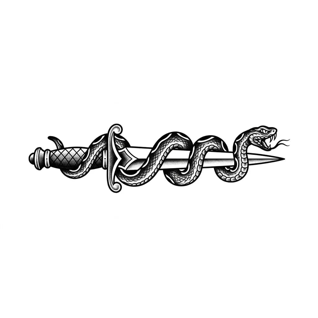 Тату эскиз: blackwork dagger and snake tattoo, wrapped around blade, clean linework, monochrome tattoo flash, shoulder placement, elegant dangerous aesthetic