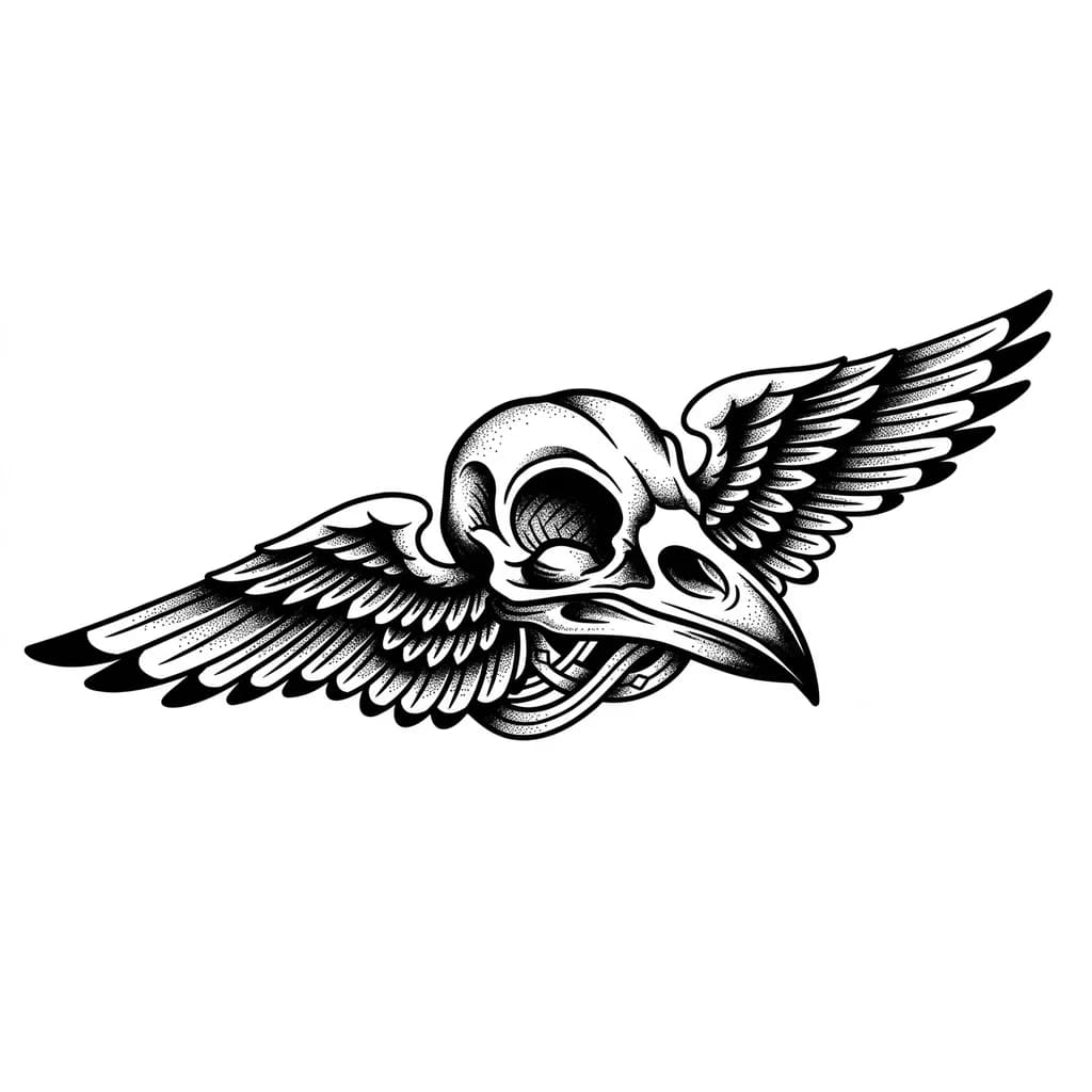 Тату эскиз: blackwork raven skull tattoo, minimalist gothic style, clean contour lines, monochrome tattoo flash, shoulder placement