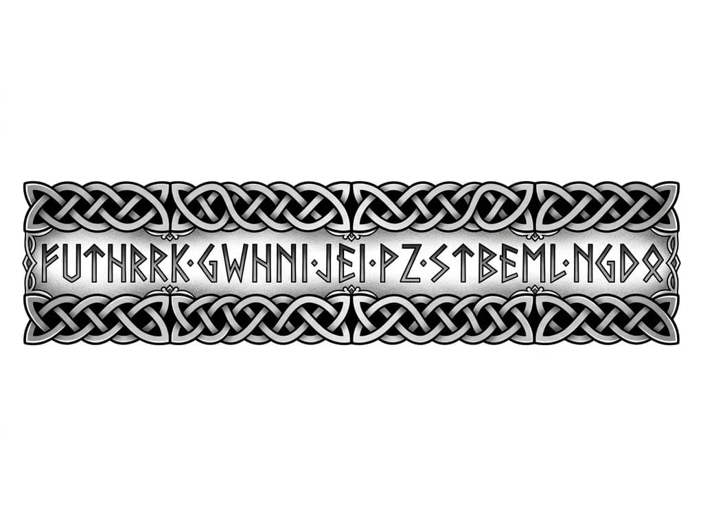 Тату эскиз: an armband tattoo with Keltic designs on the outside and middle with Norse lettering in between