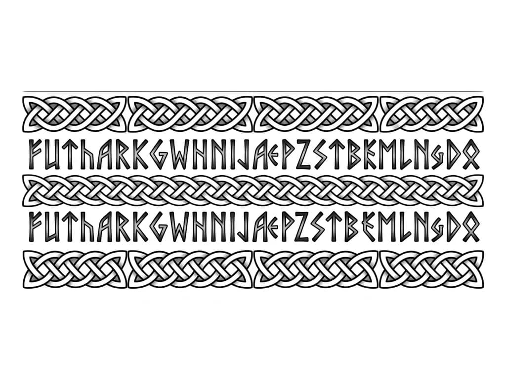 Тату эскиз: an armband tattoo with Keltic designs on the top, bottom and middle with Norse lettering in between