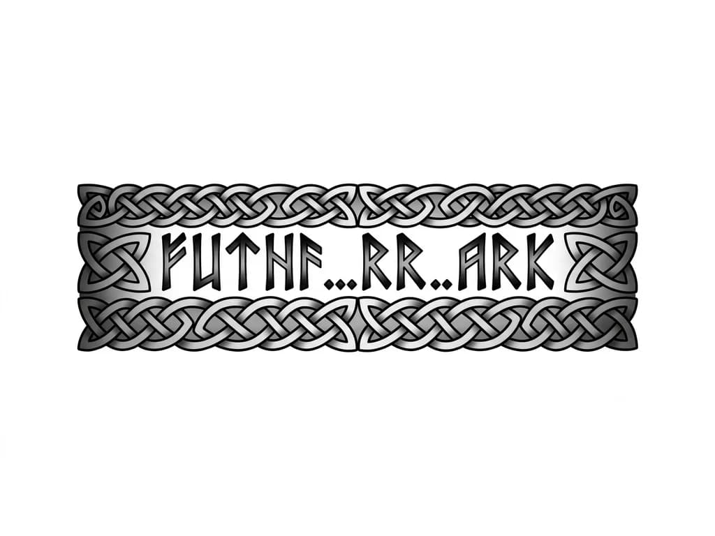 Тату эскиз: an armband tattoo with Keltic designs on the top, bottom and middle with Norse lettering in between
