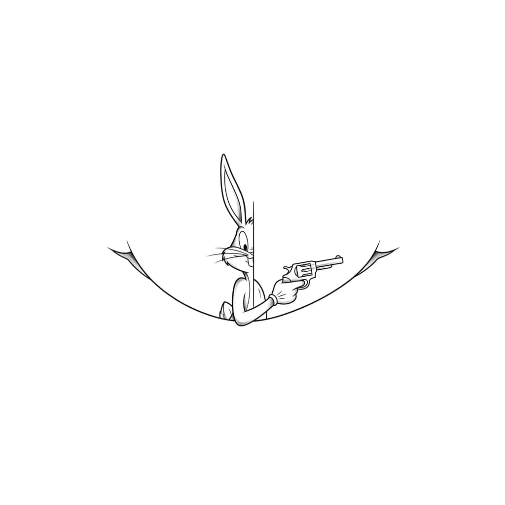 Тату эскиз: Bugs Bunny con un arma en la mano pero q bugs no se vea completo solo la mitad de su cuerpo 