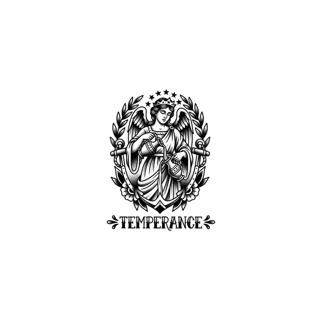 Тату эскиз: Can you make me a tattoo of the stoic cardinal value temperance but I don’t want it too big maybe small but not all 4 just temperance 
