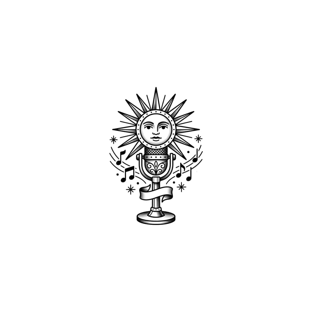 Тату эскиз: A microphone with its head designed as a sun with radiating rays, black and white monochrome ink style, minimalist design with clean geometric lines, musical notes flowing around the sun-microphone, professional tattoo flash sheet illustration, white background, high contrast, clean lines