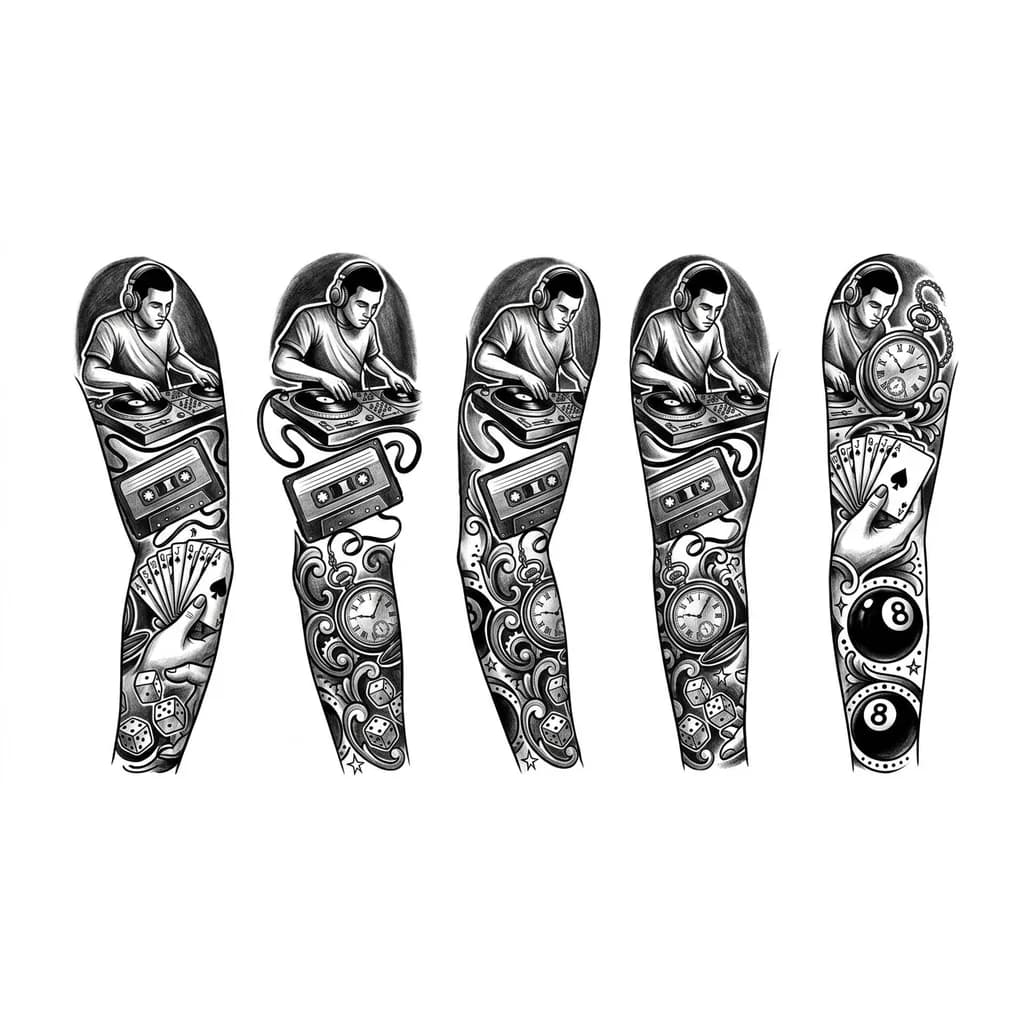 Тату эскиз: Sleeve tattoo, with DJ behind the mix, headphones, with waving cable, a cassette, chain clock, playing cards, billiard 8, playing dice,