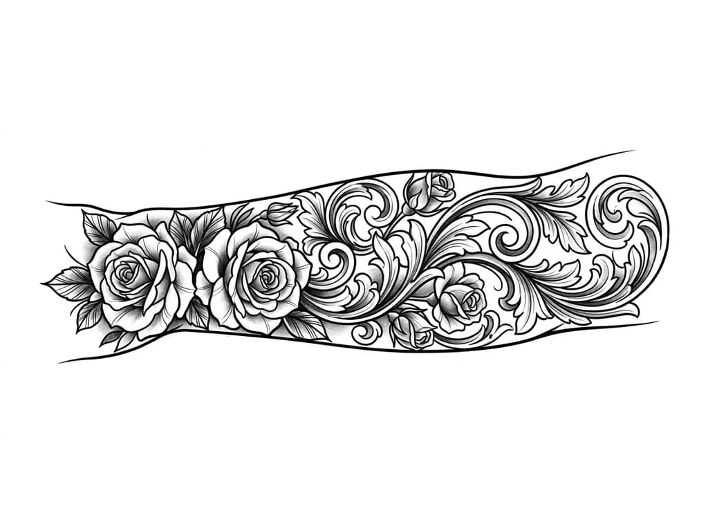 Тату эскиз: Left forearm, I want the whole forearm to be tattooed, there should be roses in the tattoo starting on my pulse and maybe add something that will suit the roses