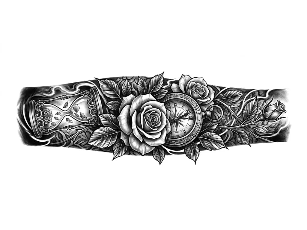 Тату эскиз: Full left forearm black and grey realism sleeve. Large central rose with an antique compass behind it. A second rose and rosebud flow around the forearm with detailed leaves and thorned stems wrapping the arm. Hidden Roman numerals XXI-II-LXXII integrated into the compass. Realistic hourglass with falling petals near the upper forearm. Dark shading, smoke and background texture throughout to create a full sleeve and cover an existing small wrist tattoo. High contrast, masculine, timeless.