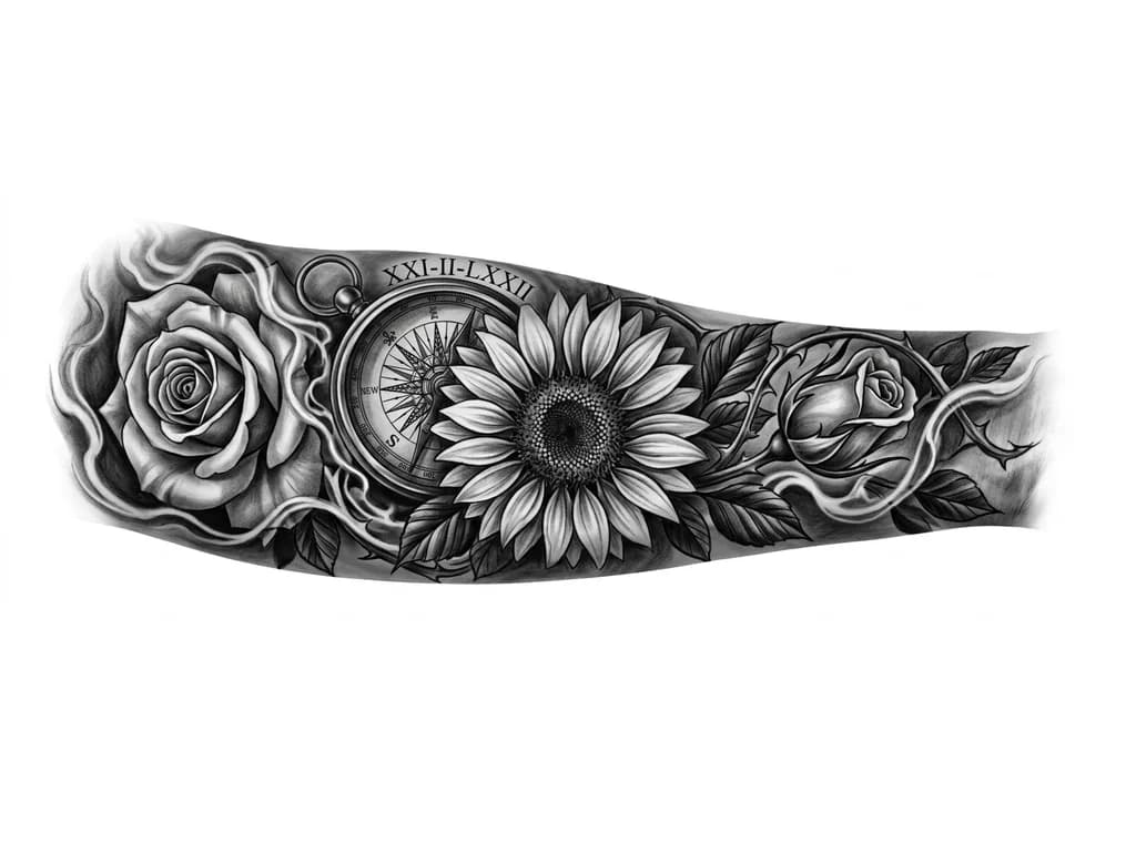 Тату эскиз: Full left forearm black and grey realism sleeve. Central sunflower representing my mom (21 Feb 1972), symbol of strength and unconditional love. Antique compass behind it with hidden Roman numerals XXI-II-LXXII. Two roses flow around it: one for me (01 June 2000) and one rosebud for my brother (11 March 2012). Thorns, leaves, and smoke wrap the entire forearm to create a full sleeve and cover existing wrist tattoo. Highly detailed, realistic, high contrast, cinematic shading.