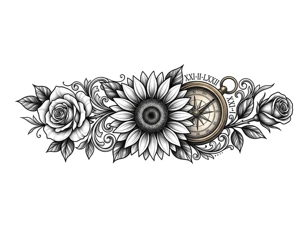 Тату эскиз: Full left forearm black and grey realism sleeve. Inner forearm: large sunflower representing mother (21 Feb 1972), antique compass behind it with hidden Roman numerals XXI-II-LXXII. Two roses integrated: one for self (01 June 2000) and one rosebud for brother (11 March 2012). Flowing, highly detailed, realistic shading, smooth transitions, no empty gaps.