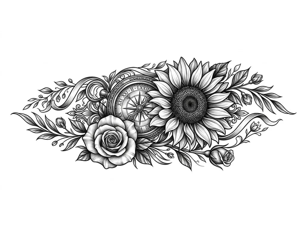 Тату эскиз: Full left forearm black and grey realism sleeve, inner forearm focal piece: large detailed sunflower representing mother (21 Feb 1972), highly realistic petals and soft shading. Antique ornate compass behind it symbolizing guidance, with hidden Roman numerals XXI-II-LXXII engraved subtly. Two realistic roses integrated: one mature rose for self (01 June 2000) and one rosebud for younger brother (11 March 2012). Flowing botanical composition, cinematic depth, smooth gradients, high detail.