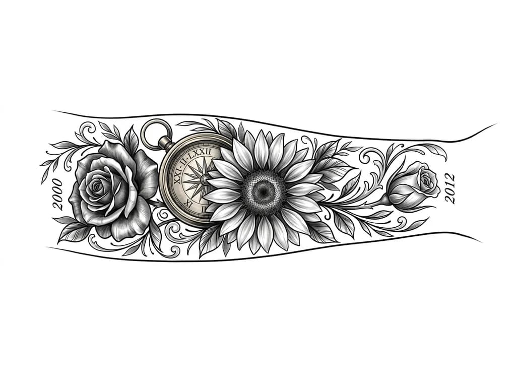 Тату эскиз: Full left forearm black and grey realism sleeve, inner forearm focal piece: large detailed sunflower representing mother (21 Feb 1972), highly realistic petals and soft shading. Antique ornate compass behind it symbolizing guidance, with hidden Roman numerals XXI-II-LXXII engraved subtly. Two realistic roses integrated: one mature rose for self (01 June 2000) and one rosebud for younger brother (11 March 2012). Flowing botanical composition, cinematic depth, smooth gradients, high detail.