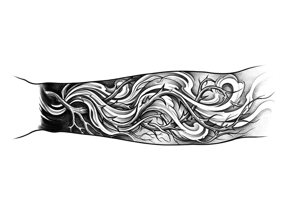 Тату эскиз: Outer left forearm wrap-around composition in black and grey realism. Flowing smoke, wind currents, and heavy shading create full coverage and seamless sleeve flow. Thorned vines and subtle root system connect all inner elements into one unified design. Darker saturation near wrist to fully cover existing tattoo, gradually fading toward elbow. Atmospheric texture, high contrast, realistic tattoo style, masculine aesthetic, cohesive full-arm flow with continuous movement and depth.