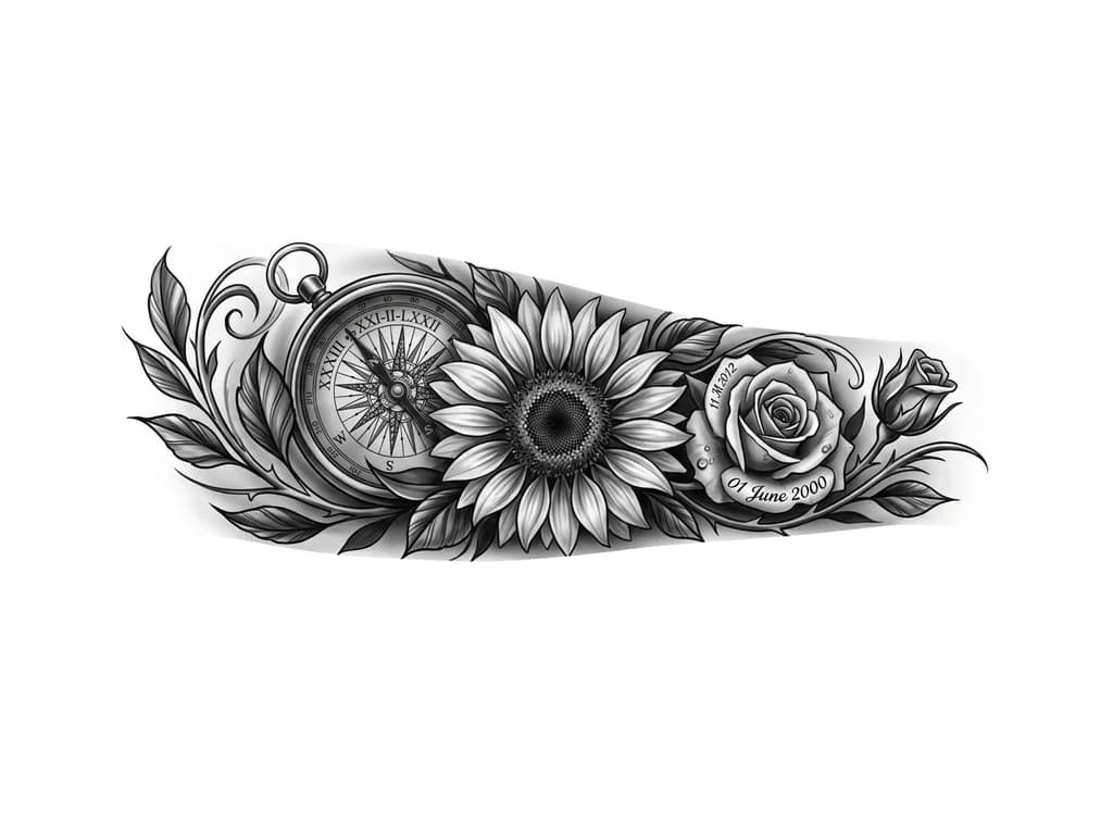 Тату эскиз: INNER LEFT FOREARM black and grey realism sleeve. Large detailed sunflower representing mother (21 Feb 1972) as central focus. Antique compass behind it symbolizing guidance, with hidden Roman numerals XXI-II-LXXII. Two roses integrated into design: one rose for self (01 June 2000) and one rosebud for younger brother (11 March 2012). Flowing botanical realism, leaves and thorns wrapping naturally around forearm. Smooth shading, cinematic depth, no empty gaps, high detail, tattoo stencil quality.
