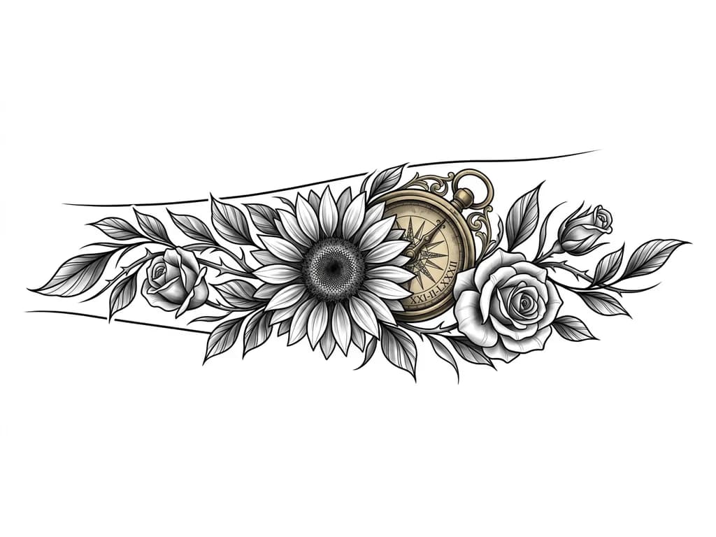 Тату эскиз: INNER LEFT FOREARM black and grey realism sleeve. Large detailed sunflower representing mother (21 Feb 1972) as central focus. Antique compass behind it symbolizing guidance, with hidden Roman numerals XXI-II-LXXII. Two roses integrated into design: one rose for self (01 June 2000) and one rosebud for younger brother (11 March 2012). Flowing botanical realism, leaves and thorns wrapping naturally around forearm. Smooth shading, cinematic depth, no empty gaps, high detail, tattoo stencil quality.