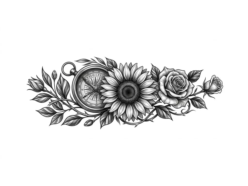 Тату эскиз: INNER LEFT FOREARM black and grey realism sleeve. Large detailed sunflower representing mother (21 Feb 1972) as central focus. Antique compass behind it symbolizing guidance, with hidden Roman numerals XXI-II-LXXII. Two roses integrated into design: one rose for self (01 June 2000) and one rosebud for younger brother (11 March 2012). Flowing botanical realism, leaves and thorns wrapping naturally around forearm. Smooth shading, cinematic depth, no empty gaps, high detail, tattoo stencil quality.