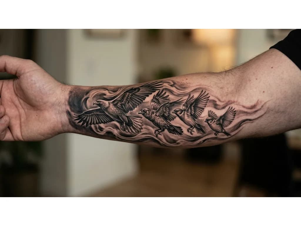 Тату эскиз: OUTER LEFT FOREARM black and grey realism wrap. Four-bird formation in motion: largest lead bird represents mother guiding forward; second bird represents stepfather as protector; third bird represents self; fourth smaller bird represents younger brother. Birds fly in unified direction with dynamic wings. Flowing smoke and wind connect to inner forearm design. Dark shading near wrist for cover-up fading to elbow. Seamless full sleeve, cinematic realism.