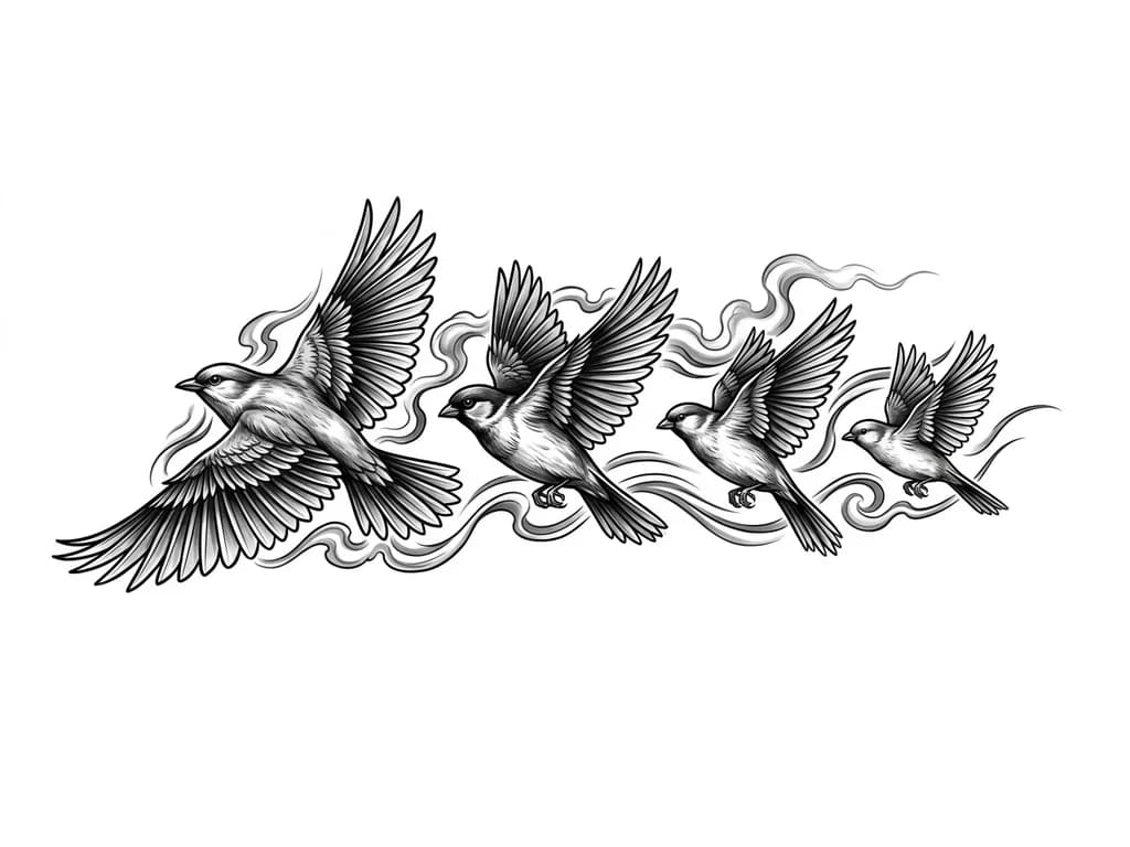 Тату эскиз: OUTER LEFT FOREARM black and grey realism wrap. Four-bird formation in motion: largest lead bird represents mother guiding forward; second bird represents stepfather as protector; third bird represents self; fourth smaller bird represents younger brother. Birds fly in unified direction with dynamic wings. Flowing smoke and wind connect to inner forearm design. Dark shading near wrist for cover-up fading to elbow. Seamless full sleeve, cinematic realism.