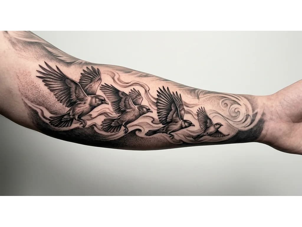 Тату эскиз: OUTER LEFT FOREARM black and grey realism wrap. Four-bird formation in motion: largest lead bird represents mother guiding forward; second bird represents stepfather as protector; third bird represents self; fourth smaller bird represents younger brother. Birds fly in unified direction with dynamic wings. Flowing smoke and wind connect to inner forearm design. Dark shading near wrist for cover-up fading to elbow. Seamless full sleeve, cinematic realism.