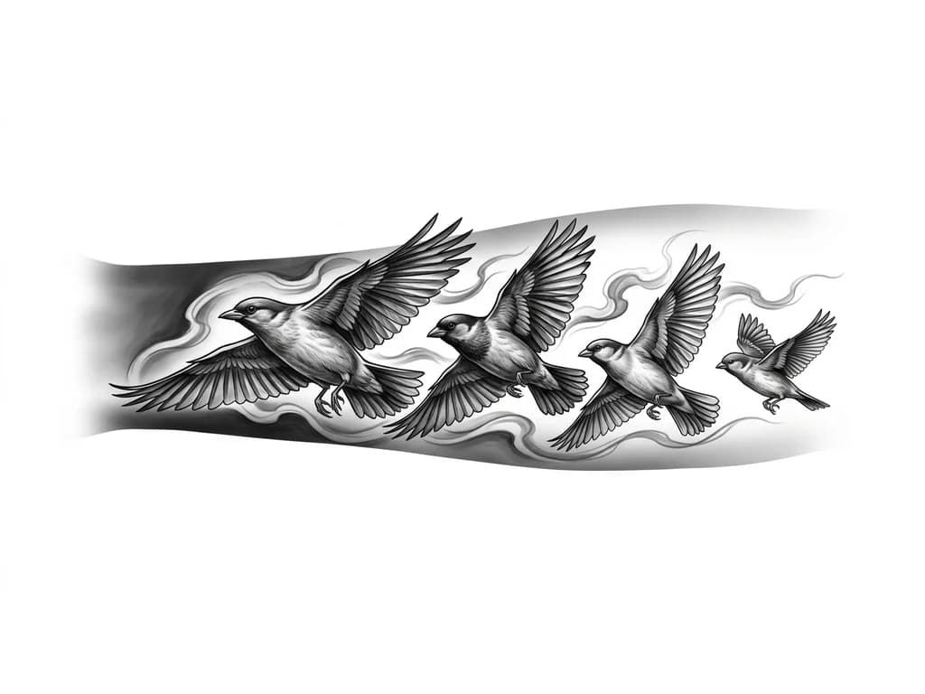 Тату эскиз: OUTER LEFT FOREARM black and grey realism wrap. Four-bird formation in motion: largest lead bird represents mother guiding forward; second bird represents stepfather as protector; third bird represents self; fourth smaller bird represents younger brother. Birds fly in unified direction with dynamic wings. Flowing smoke and wind connect to inner forearm design. Dark shading near wrist for cover-up fading to elbow. Seamless full sleeve, cinematic realism.