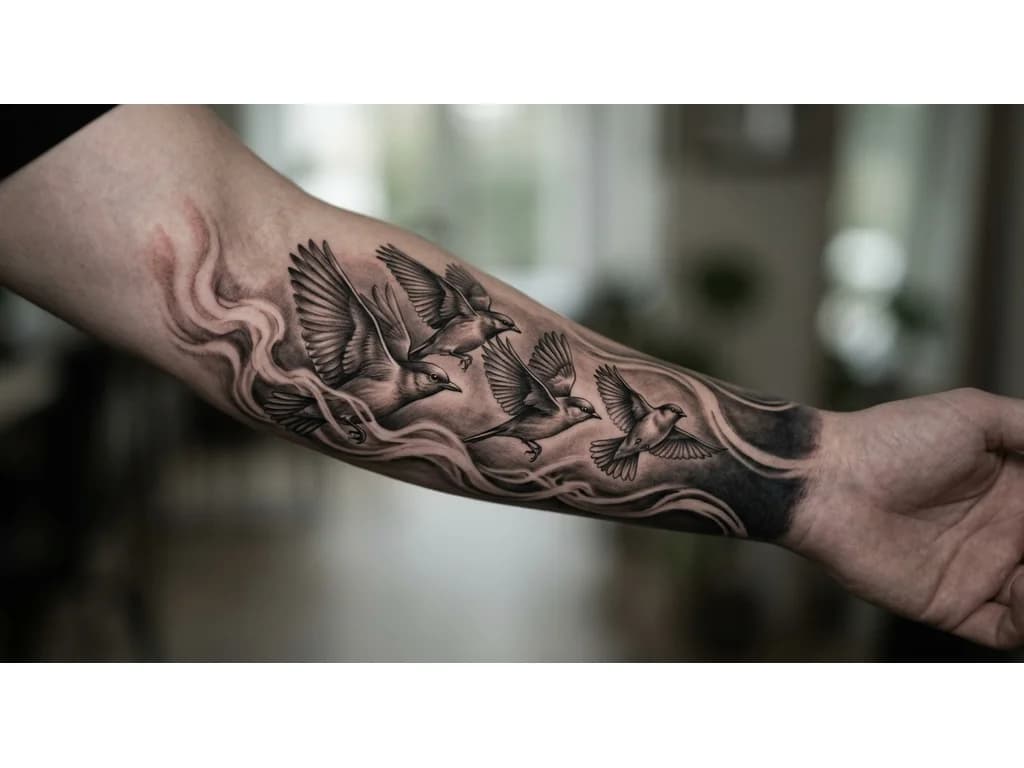 Тату эскиз: OUTER LEFT FOREARM black and grey realism wrap. Four-bird formation in motion: largest lead bird represents mother guiding forward; second bird represents stepfather as protector; third bird represents self; fourth smaller bird represents younger brother. Birds fly in unified direction with dynamic wings. Flowing smoke and wind connect to inner forearm design. Dark shading near wrist for cover-up fading to elbow. Seamless full sleeve, cinematic realism.