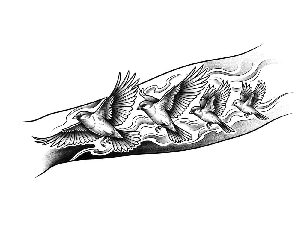 Тату эскиз: OUTER LEFT FOREARM black and grey realism wrap. Four-bird formation in motion: largest lead bird represents mother guiding forward; second bird represents stepfather as protector; third bird represents self; fourth smaller bird represents younger brother. Birds fly in unified direction with dynamic wings. Flowing smoke and wind connect to inner forearm design. Dark shading near wrist for cover-up fading to elbow. Seamless full sleeve, cinematic realism.