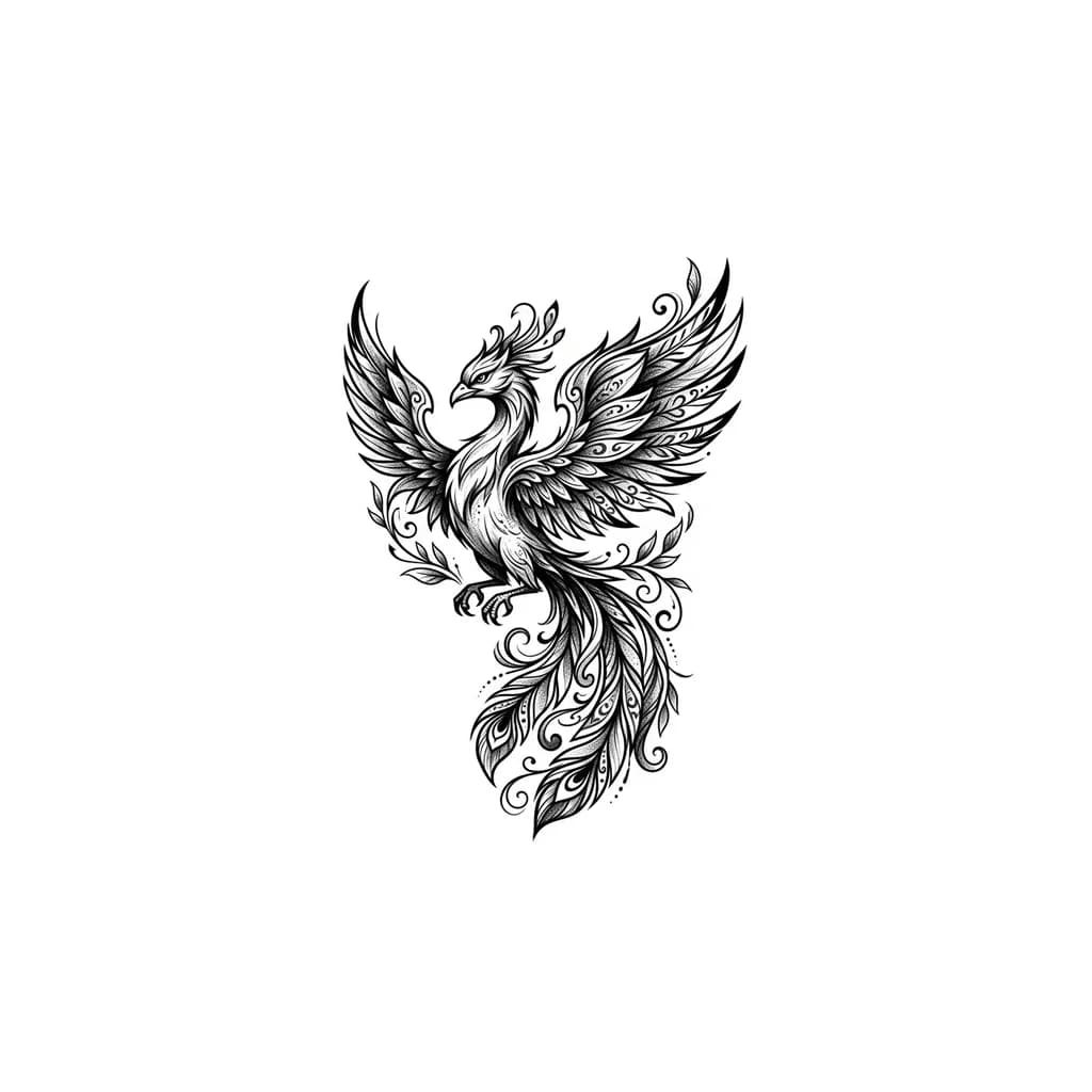 Тату эскиз: custom phoenix leg tattoo with feminine background details