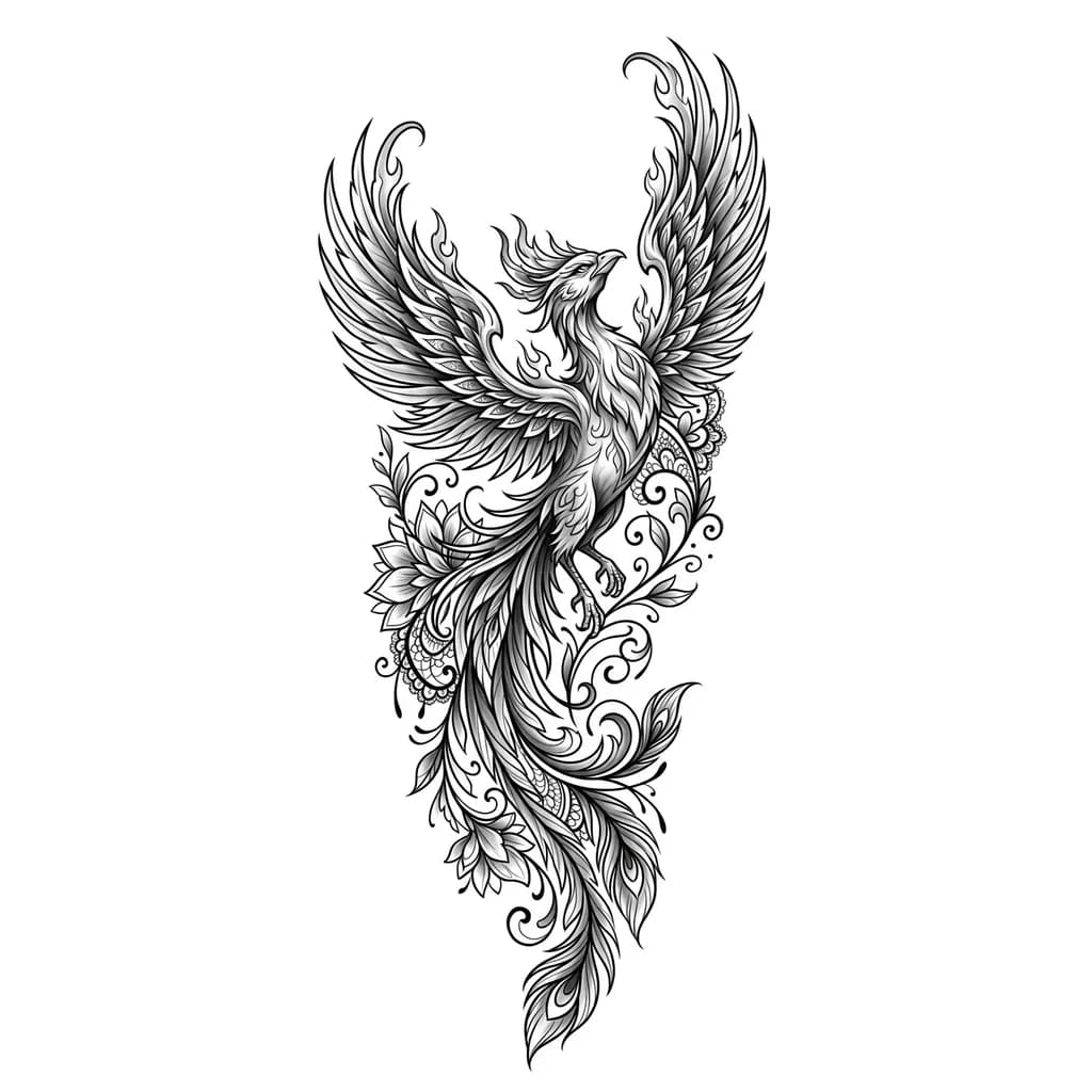 Тату эскиз: custom phoenix leg tattoo with feminine background details