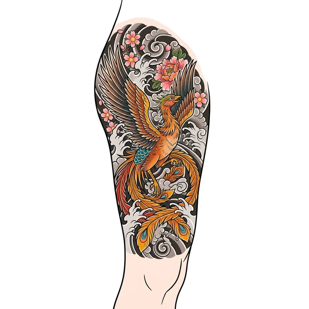 Тату эскиз: custom phoenix leg tattoo with feminine background details