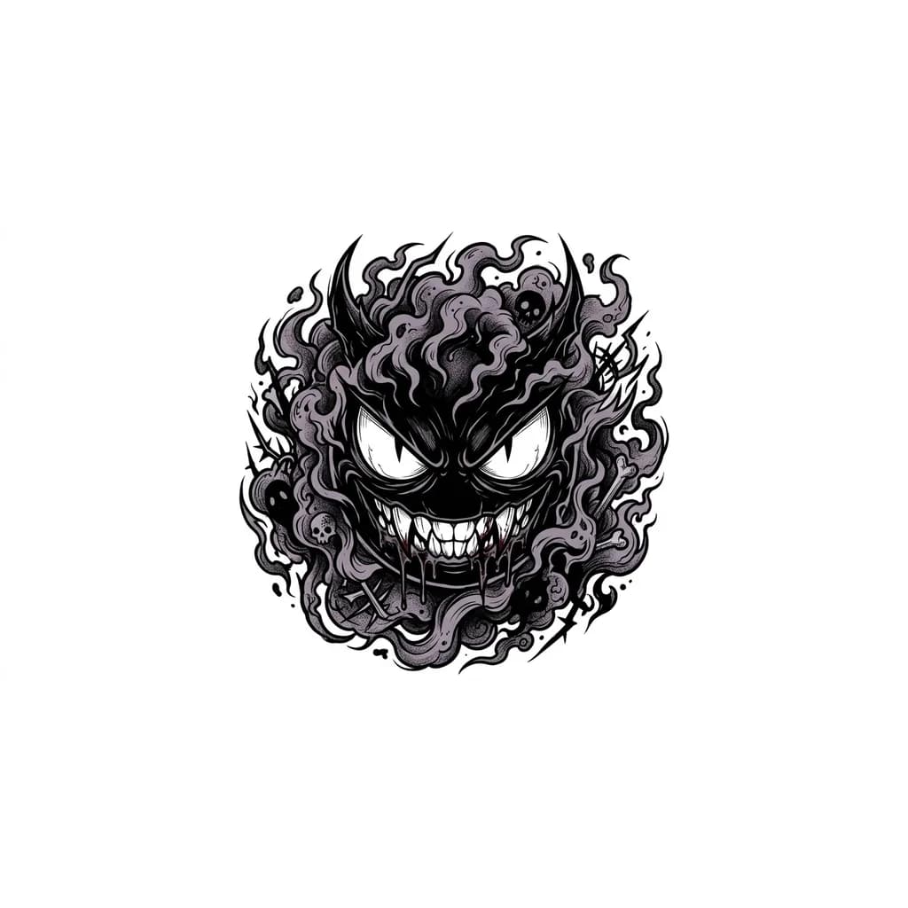 Тату эскиз: quiero un diseño de tatuaje de el pokemon Gastly, que sea en blanco y negro, que ocupe gran lugar del antebrazo, no quiero un diseño simple y sin mas, quiero un diseño unico, un poco dark pero sin perder al pokemon