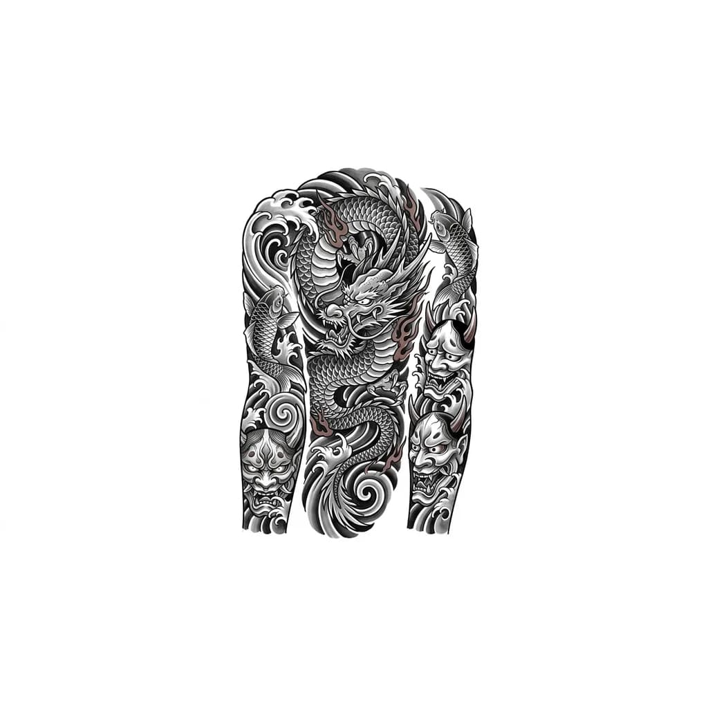 Тату эскиз: Japanese style full sleeves but no flower or clouds. create a unique tattoo style and add little color like brown or red 