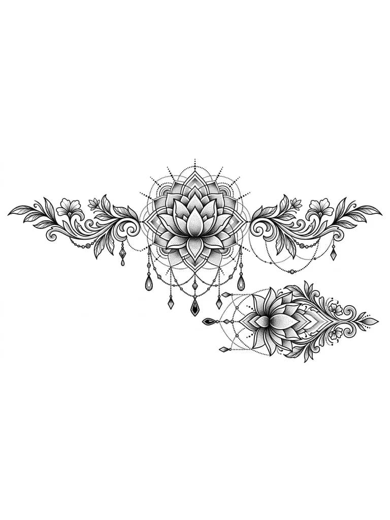 Тату эскиз: Lotus flower mandala in graphic style, dotwork gradients hight contrast, jewelry drops and beads coming down from the flower , also there are feminine ornaments with jewelry pieces and leaves and small flowers, lower there is one more flower with ornaments but smaller, the overal style is realism with graphic elements 
