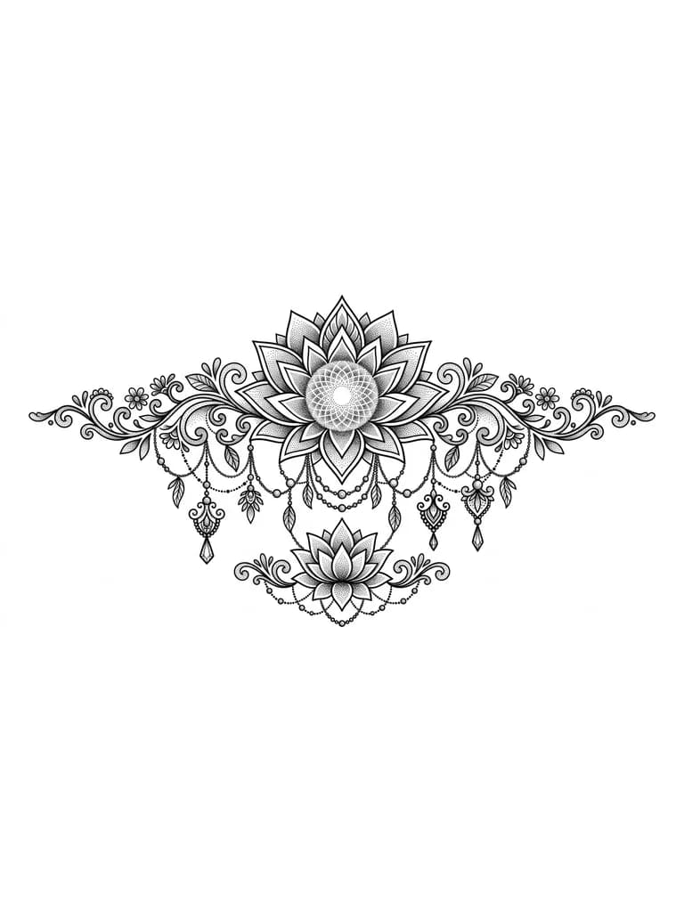 Тату эскиз: Lotus flower mandala in graphic style, dotwork gradients hight contrast, jewelry drops and beads coming down from the flower , also there are feminine ornaments with jewelry pieces and leaves and small flowers, lower there is one more flower with ornaments but smaller, the overal style is realism with graphic elements 