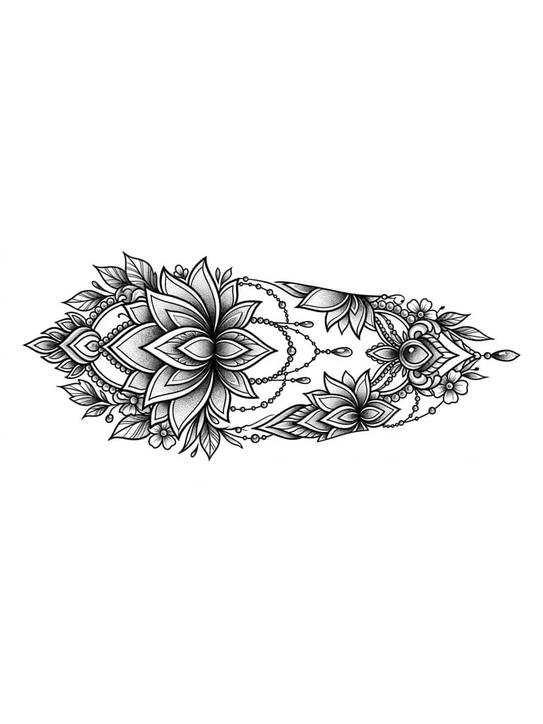 Тату эскиз: Lotus flower mandala in graphic style, dotwork gradients hight contrast, jewelry drops and beads coming down from the flower , also there are feminine ornaments with jewelry pieces and leaves and small flowers, lower there is one more flower with ornaments but smaller, the overal style is realism with graphic elements 
