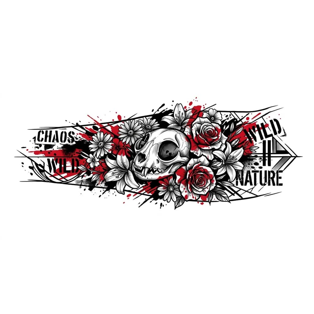 Тату эскиз: Quiero que sea un diseño que tape todo el antebrazo, que la gran mayoria este cubierto de flores de todo tipo y una calavera de un felino el cual  y que asu alrededor este lleno de trazos que complementen el tatuaje