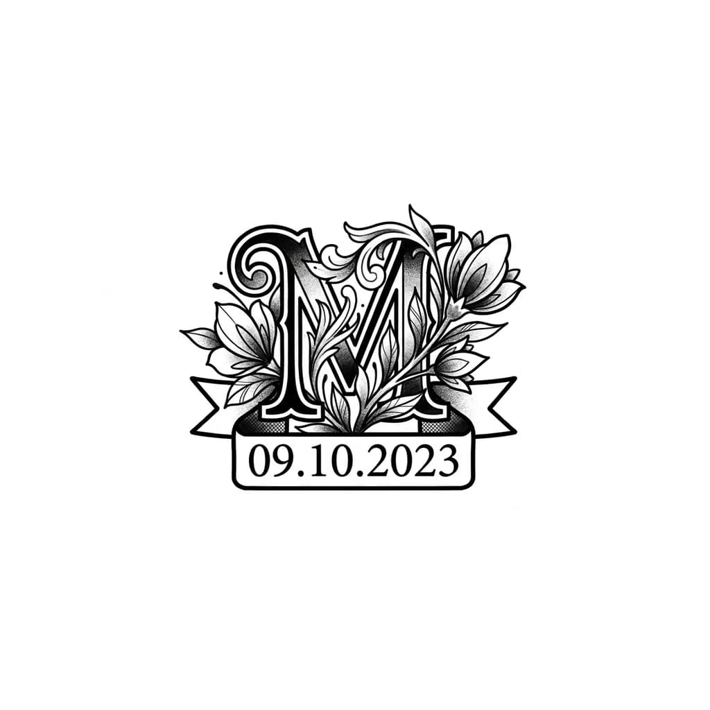 Тату эскиз: the letter M with flowers around it 
under which the date 09.10.2023 should appear