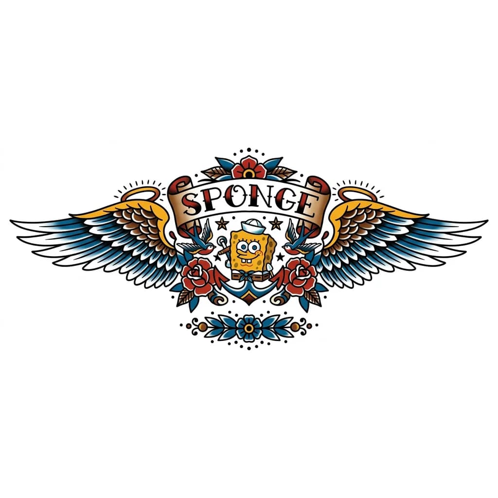 The name Sponge with angel wings in my upper back 